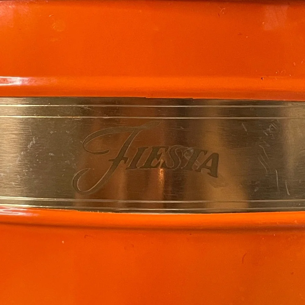 Fiesta Orange Enamel Metal Ice Bucket with Lid and Brass Accents Vintage Retro